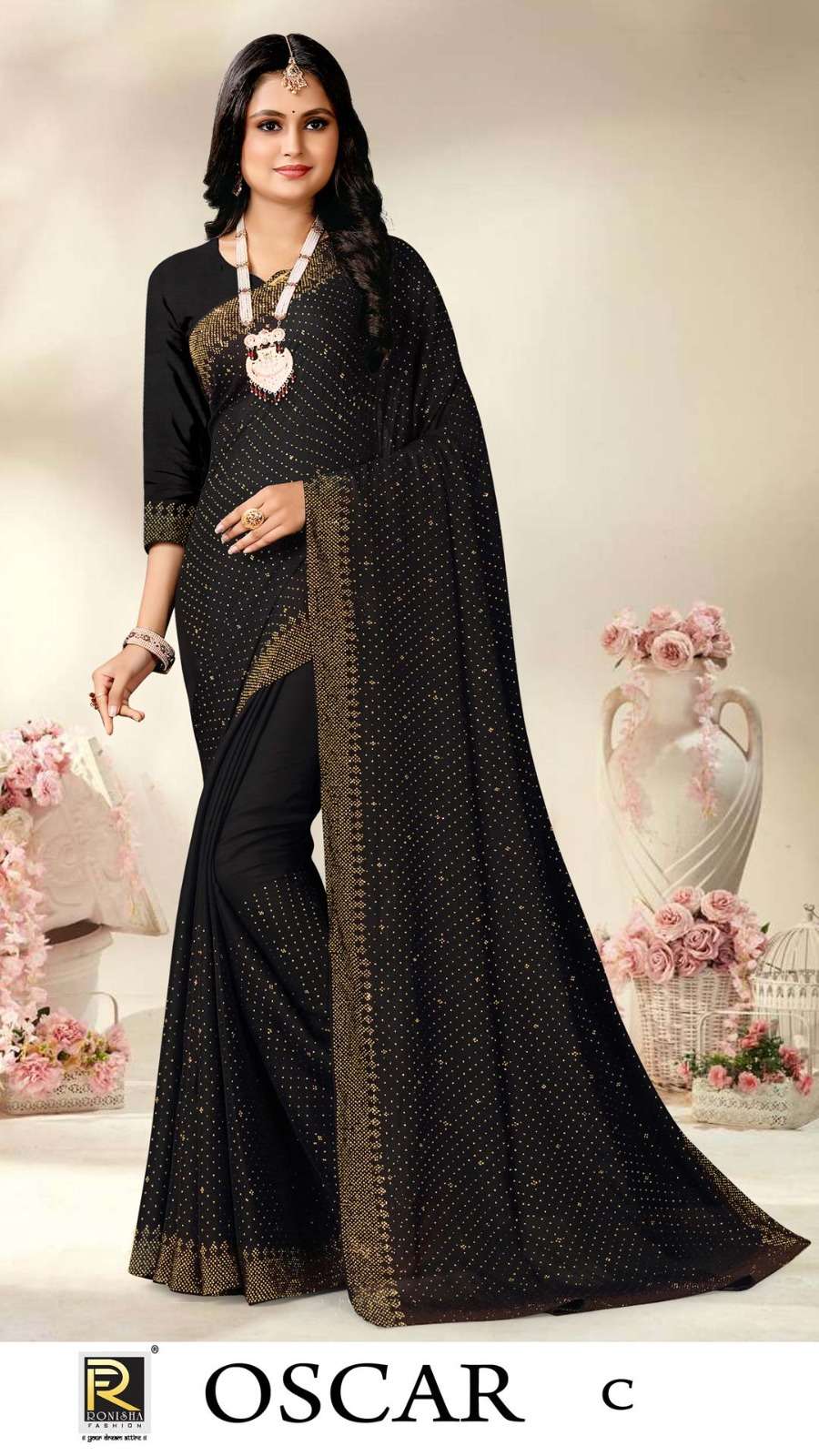 Ronisha Oscar Siroski Worked Designer Saree Wholesale catalog