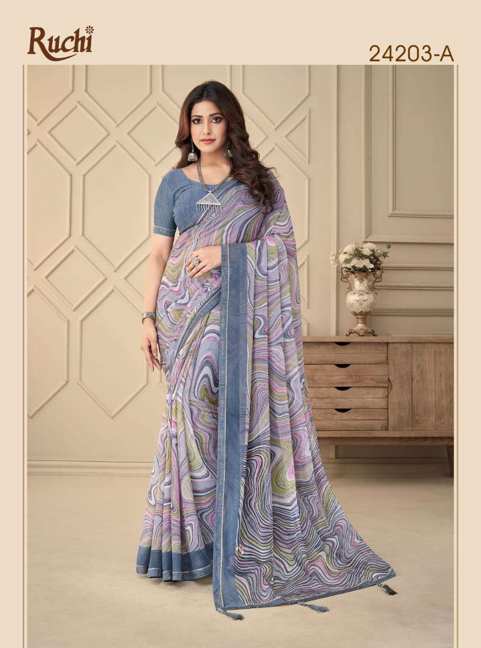 Ruchi Vanilla Fancy Printed Chiffon Saree Wholesale catalog