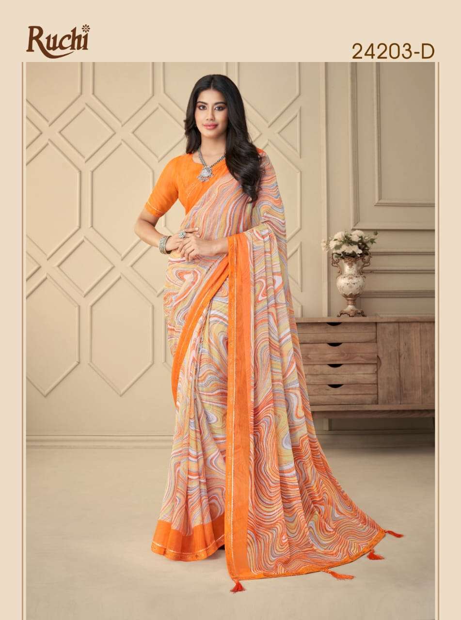 Ruchi Vanilla Fancy Printed Chiffon Saree Wholesale catalog