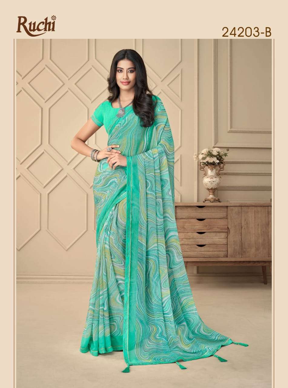 Ruchi Vanilla Fancy Printed Chiffon Saree Wholesale catalog