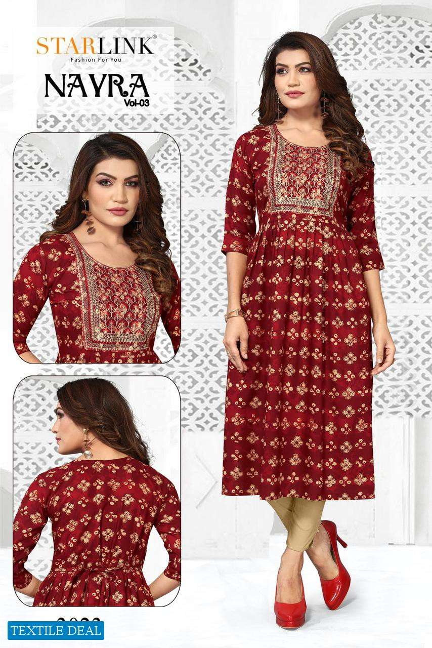 Starlink Nayra Vol-3 Naira Cut With Embroidery Patch Kurtis Wholesale catalog