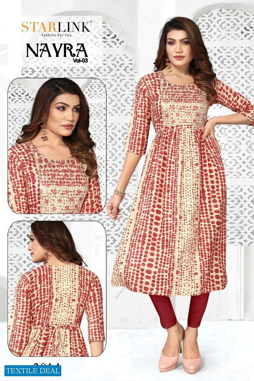 Starlink Nayra Vol-3 Naira Cut With Embroidery Patch Kurtis Wholesale catalog