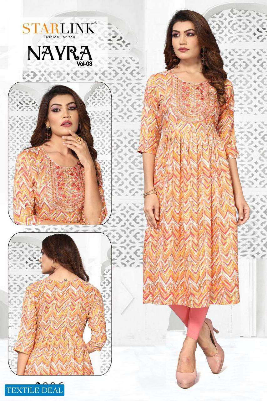 Starlink Nayra Vol-3 Naira Cut With Embroidery Patch Kurtis Wholesale catalog