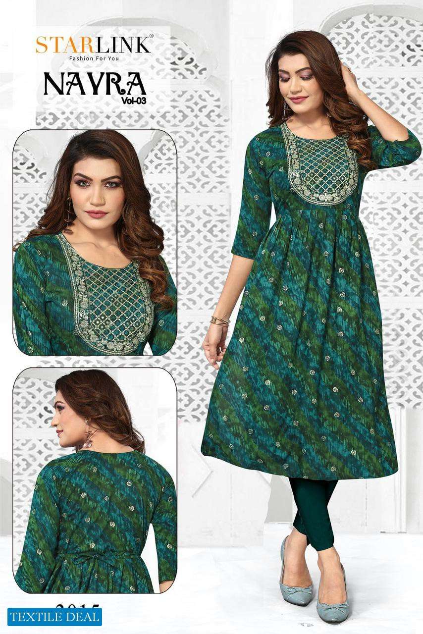 Starlink Nayra Vol-3 Naira Cut With Embroidery Patch Kurtis Wholesale catalog