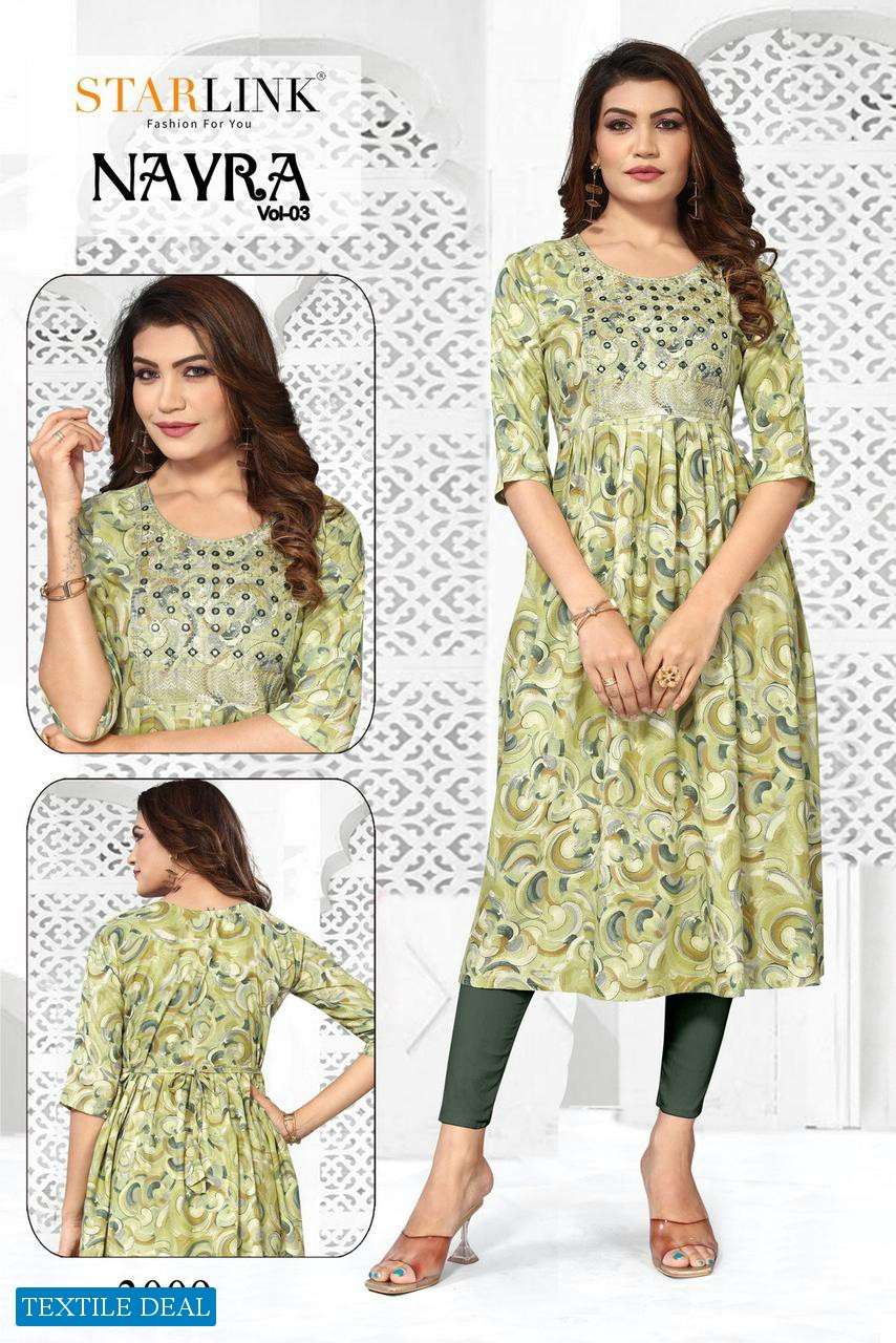 Starlink Nayra Vol-3 Naira Cut With Embroidery Patch Kurtis Wholesale catalog