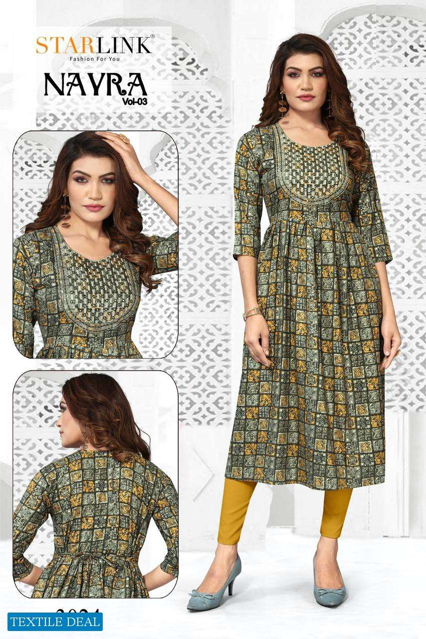 Starlink Nayra Vol-3 Naira Cut With Embroidery Patch Kurtis Wholesale catalog
