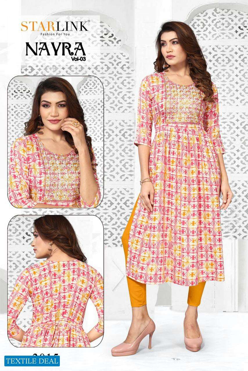 Starlink Nayra Vol-3 Naira Cut With Embroidery Patch Kurtis Wholesale catalog
