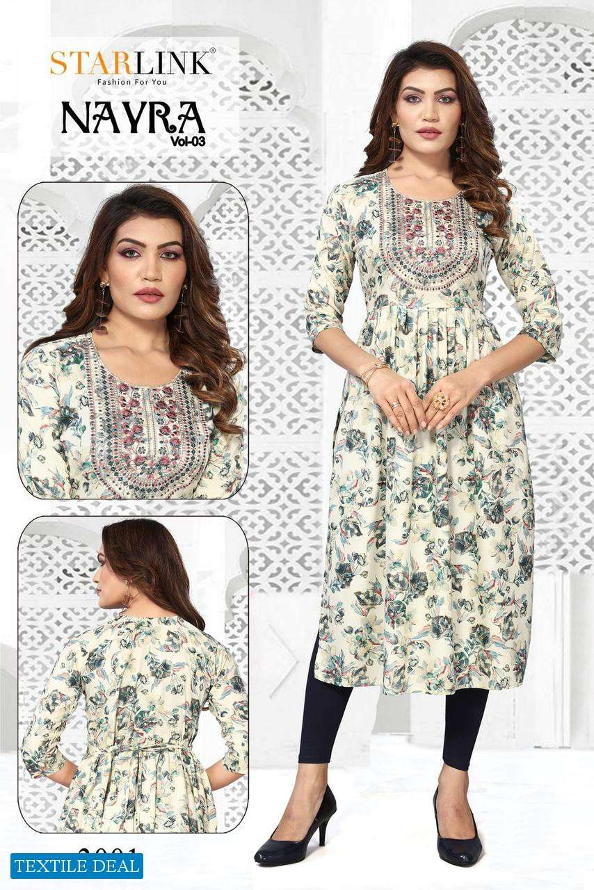 Starlink Nayra Vol-3 Naira Cut With Embroidery Patch Kurtis Wholesale catalog