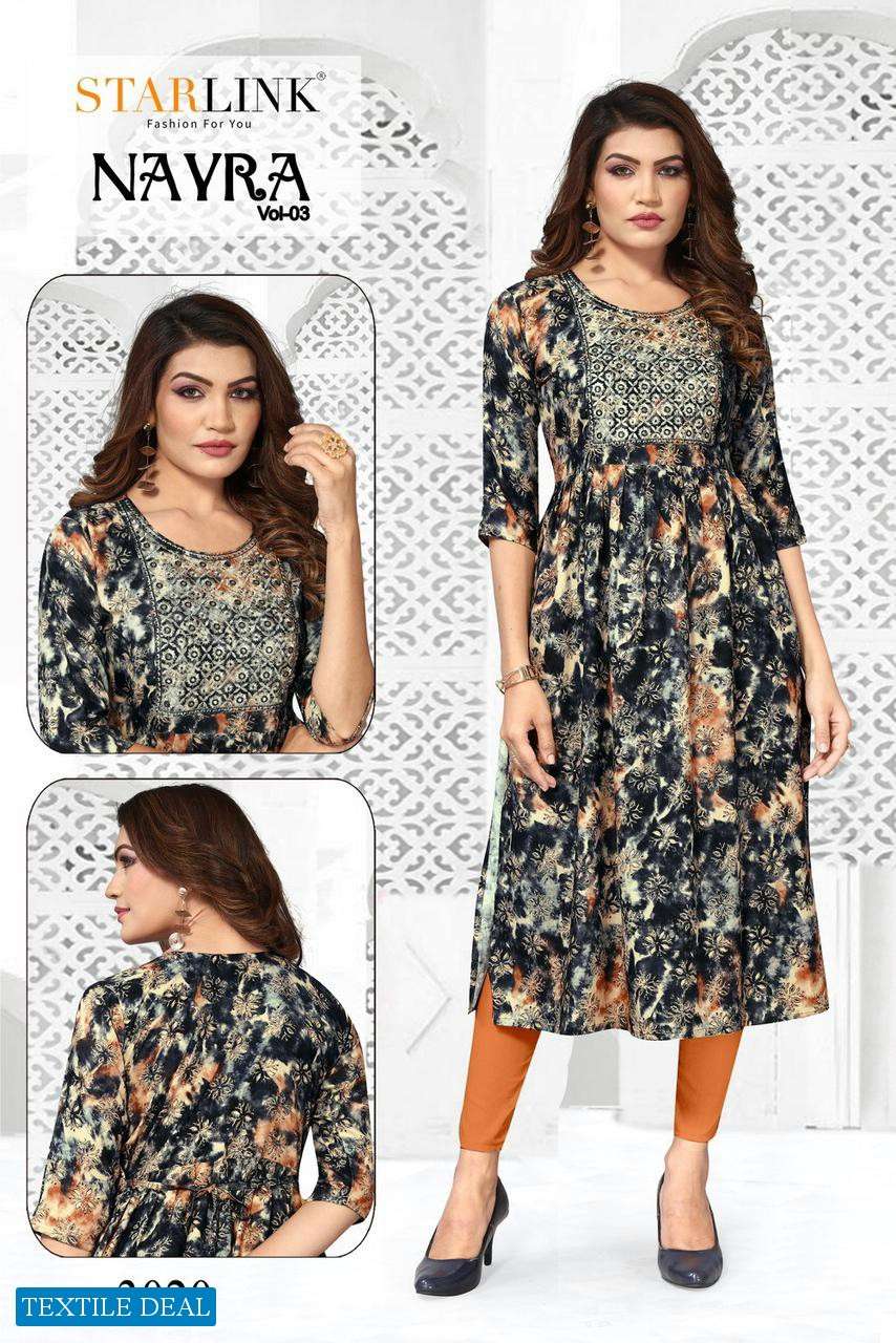 Starlink Nayra Vol-3 Naira Cut With Embroidery Patch Kurtis Wholesale catalog