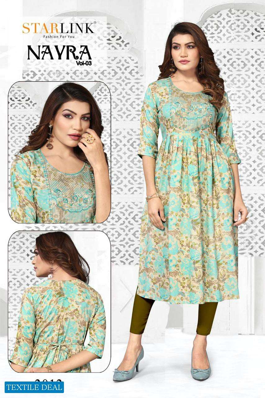 Starlink Nayra Vol-3 Naira Cut With Embroidery Patch Kurtis Wholesale catalog