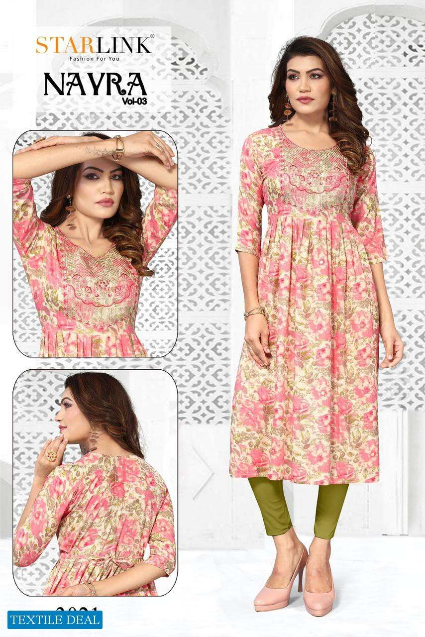 Starlink Nayra Vol-3 Naira Cut With Embroidery Patch Kurtis Wholesale catalog