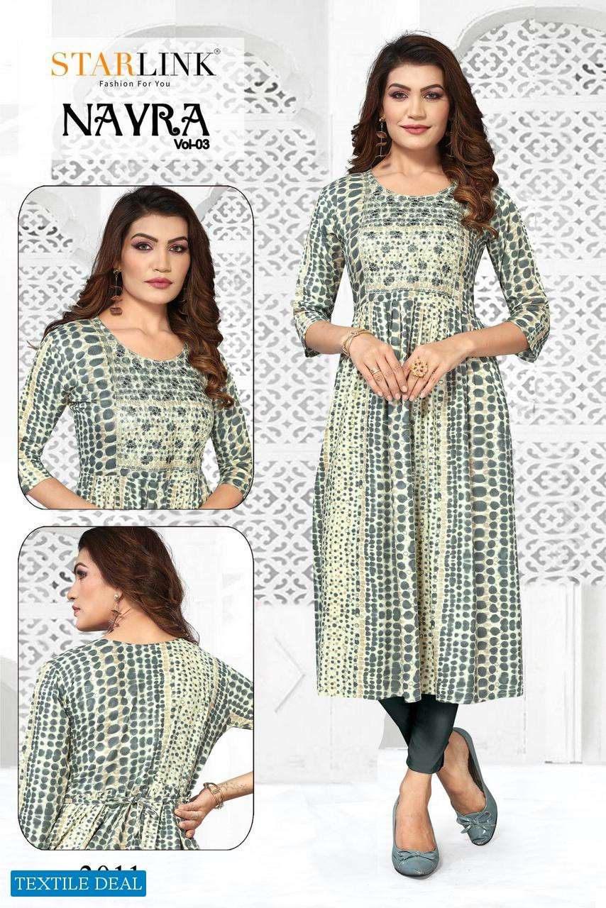 Starlink Nayra Vol-3 Naira Cut With Embroidery Patch Kurtis Wholesale catalog
