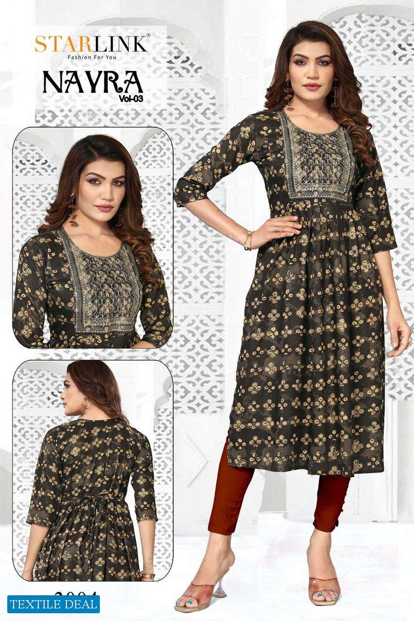 Starlink Nayra Vol-3 Naira Cut With Embroidery Patch Kurtis Wholesale catalog