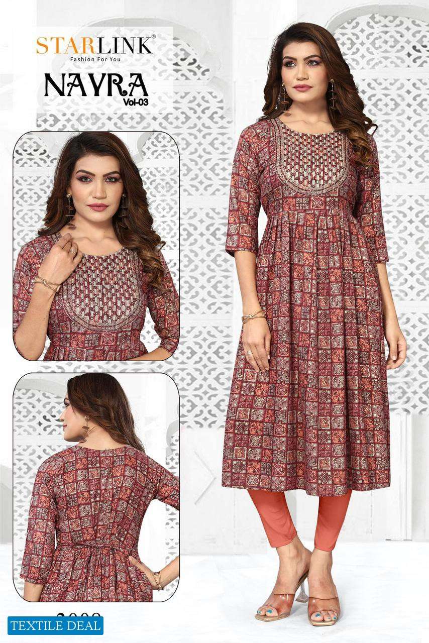 Starlink Nayra Vol-3 Naira Cut With Embroidery Patch Kurtis Wholesale catalog