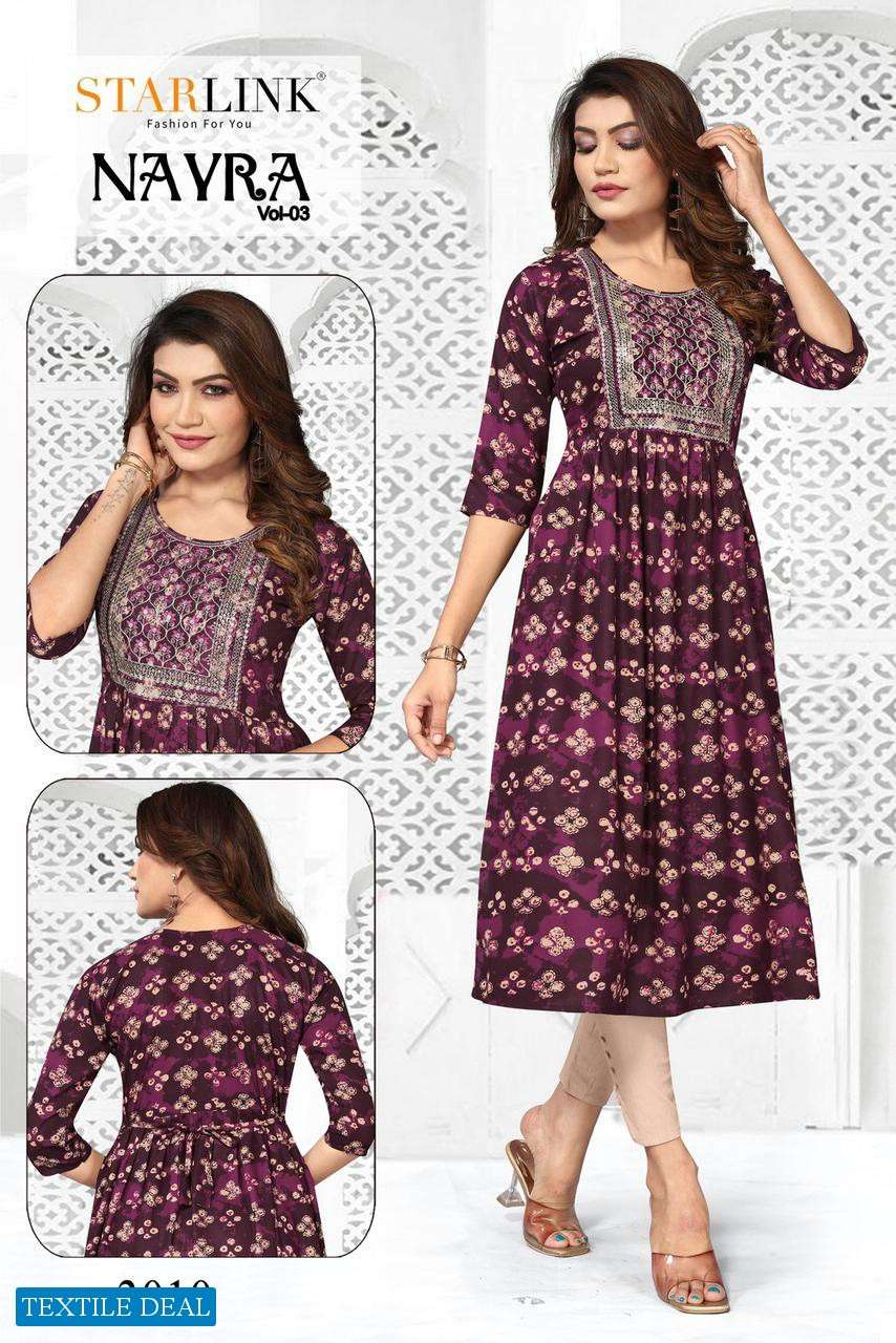 Starlink Nayra Vol-3 Naira Cut With Embroidery Patch Kurtis Wholesale catalog