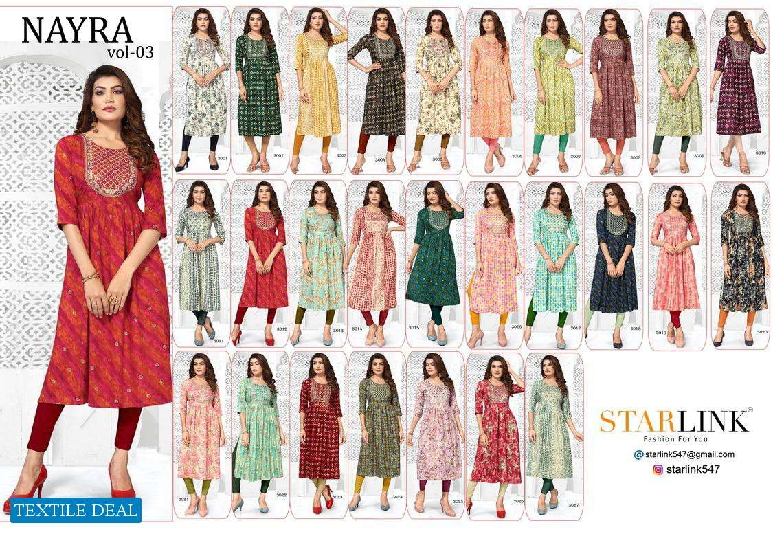 Starlink Nayra Vol-3 Naira Cut With Embroidery Patch Kurtis Wholesale catalog