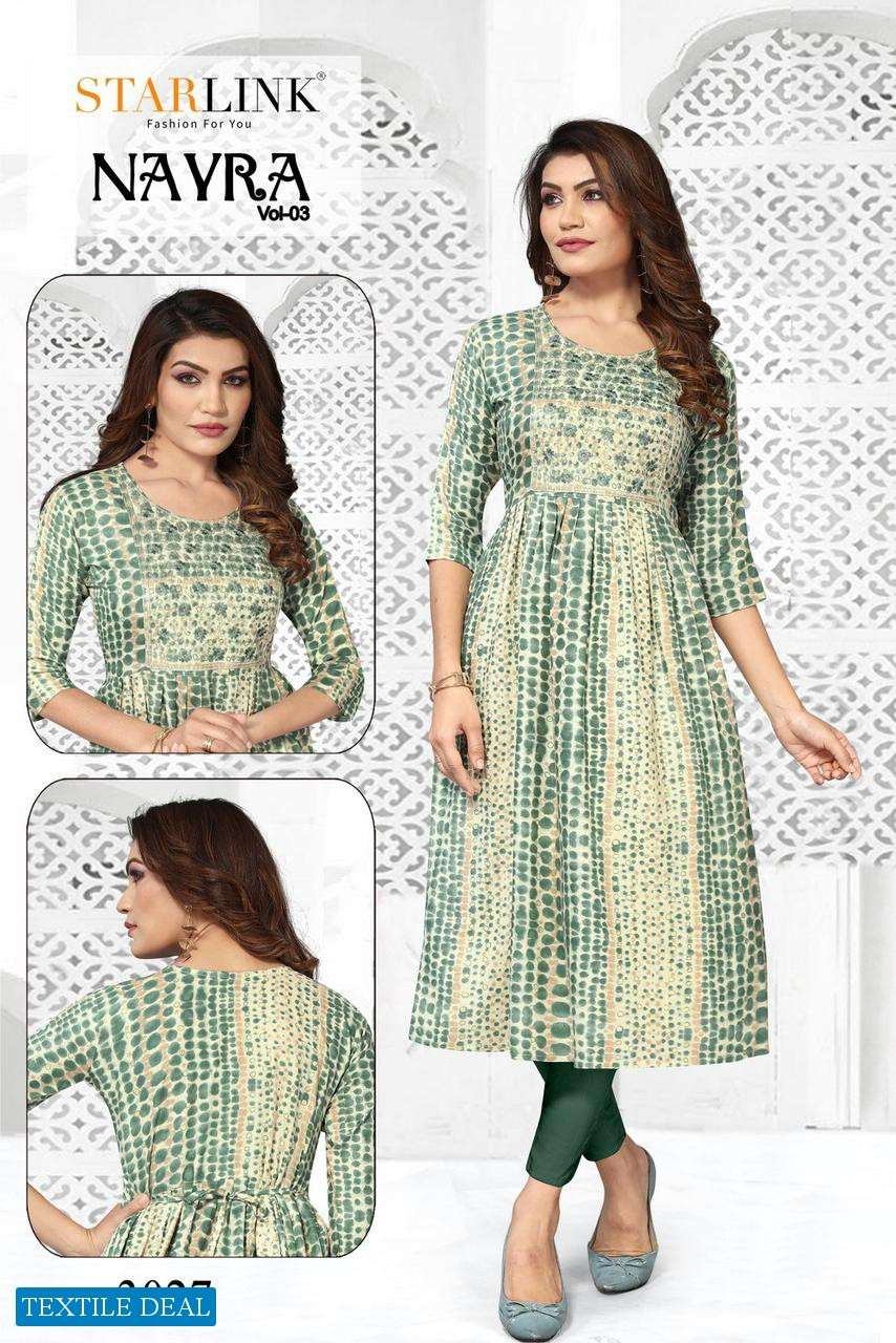 Starlink Nayra Vol-3 Naira Cut With Embroidery Patch Kurtis Wholesale catalog