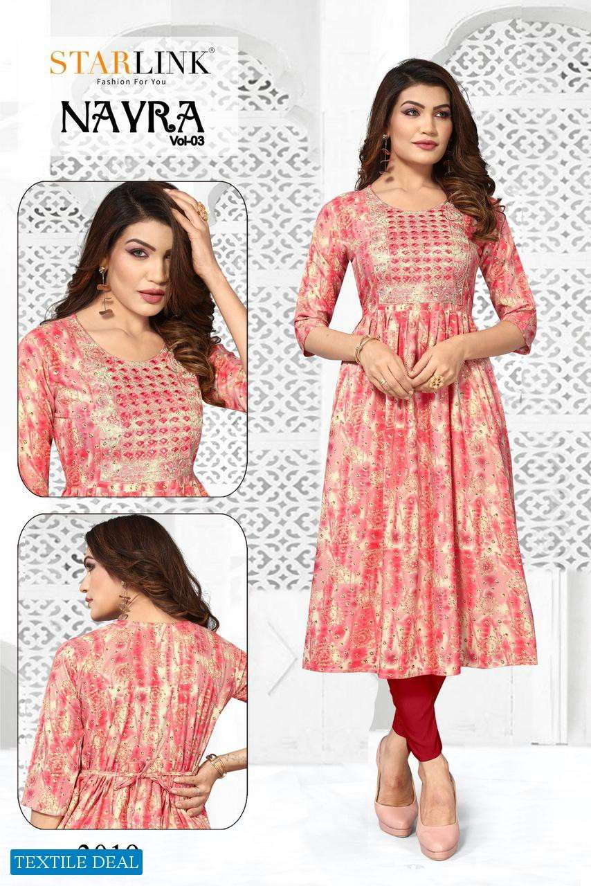 Starlink Nayra Vol-3 Naira Cut With Embroidery Patch Kurtis Wholesale catalog