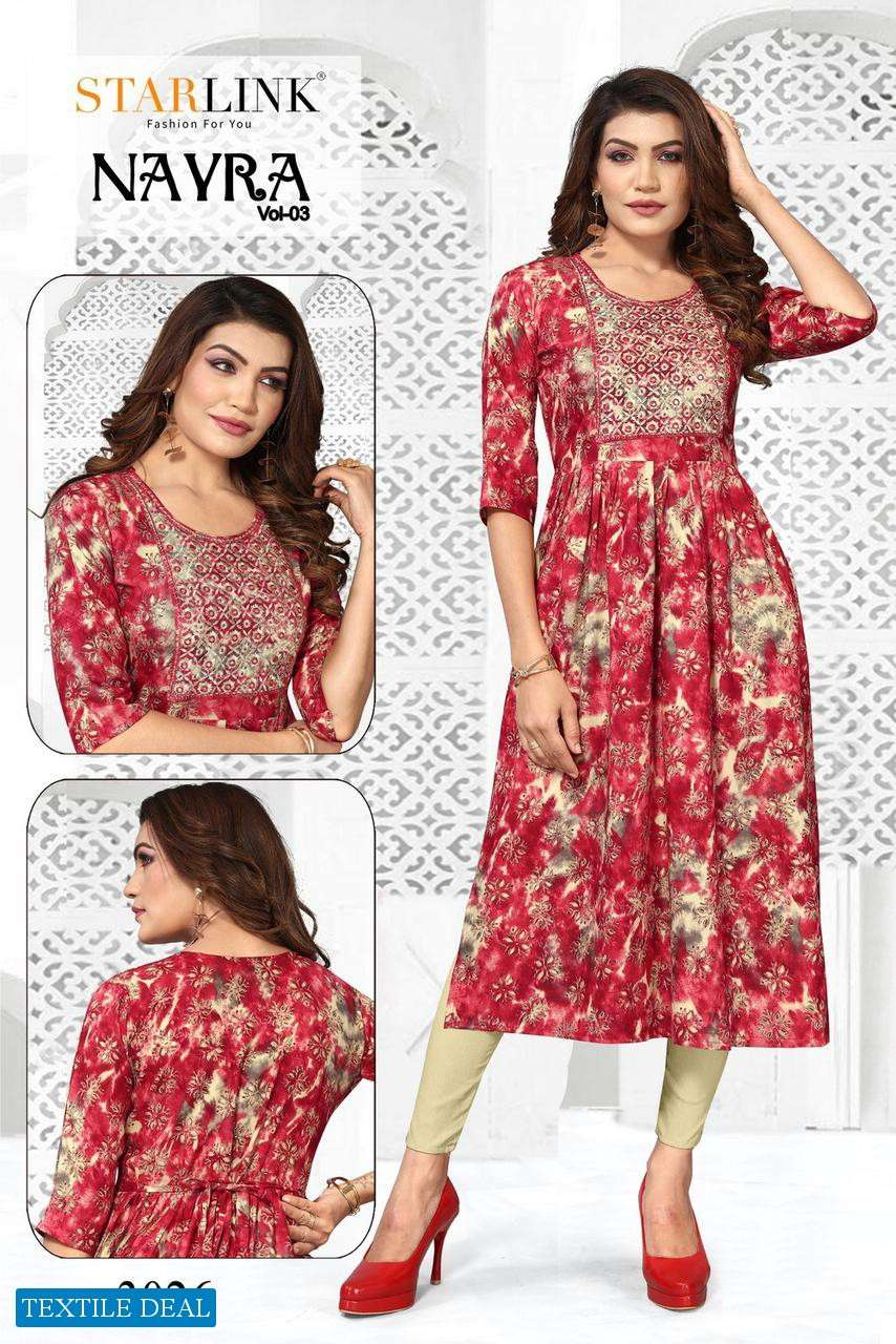Starlink Nayra Vol-3 Naira Cut With Embroidery Patch Kurtis Wholesale catalog