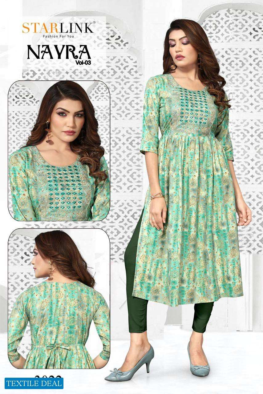 Starlink Nayra Vol-3 Naira Cut With Embroidery Patch Kurtis Wholesale catalog