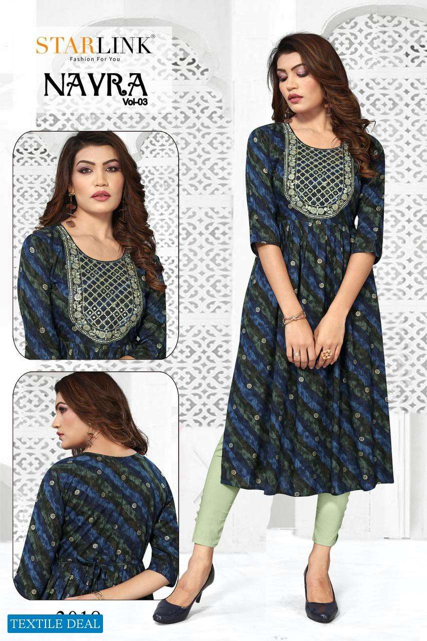 Starlink Nayra Vol-3 Naira Cut With Embroidery Patch Kurtis Wholesale catalog