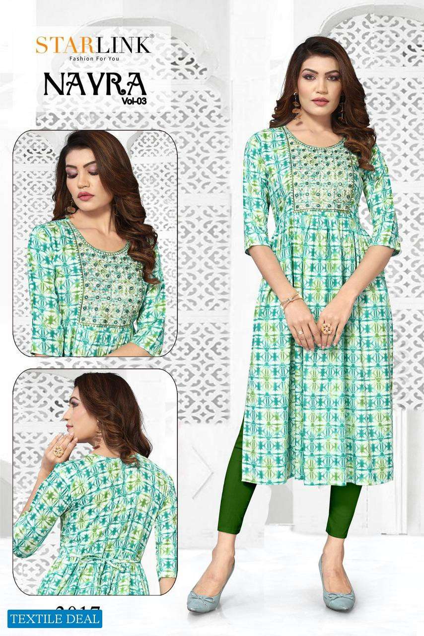 Starlink Nayra Vol-3 Naira Cut With Embroidery Patch Kurtis Wholesale catalog