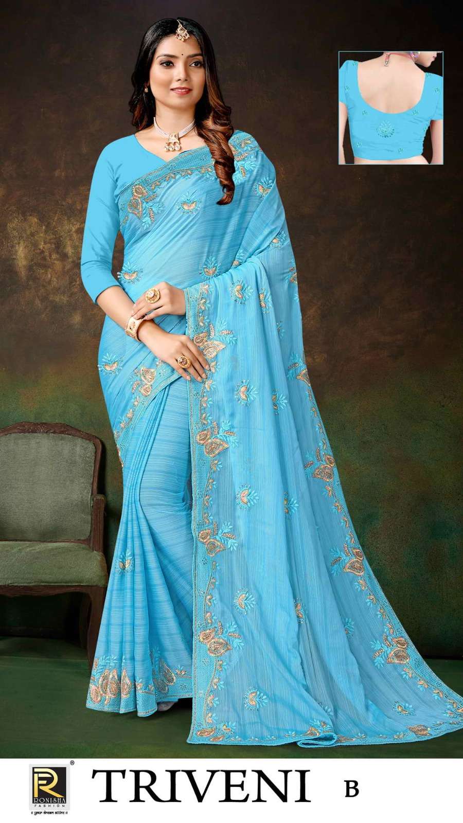 TRIVENI BY RONISHA SAREE FANCY FABRICS EMBROIDERY WORKED AND STONE WORK DESIGNER SAREE