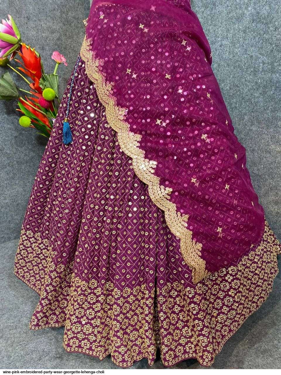 WINE PINK EMBROIDERED PARTY WEAR GEORGETTE LEHENGA CHOLI Wholesale catalog