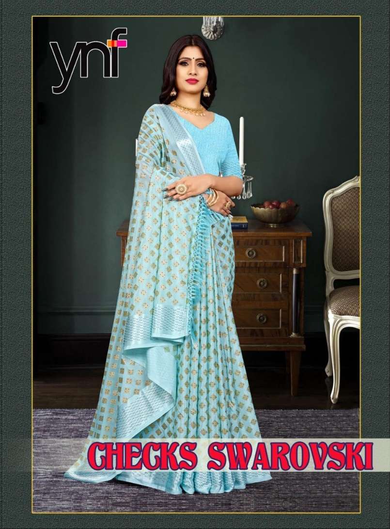 Ynf Checks Swarovski Crepe Satin Designer Saree Wholesale catalog