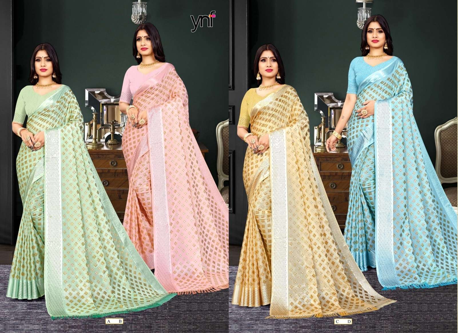 Ynf Checks Swarovski Crepe Satin Designer Saree Wholesale catalog