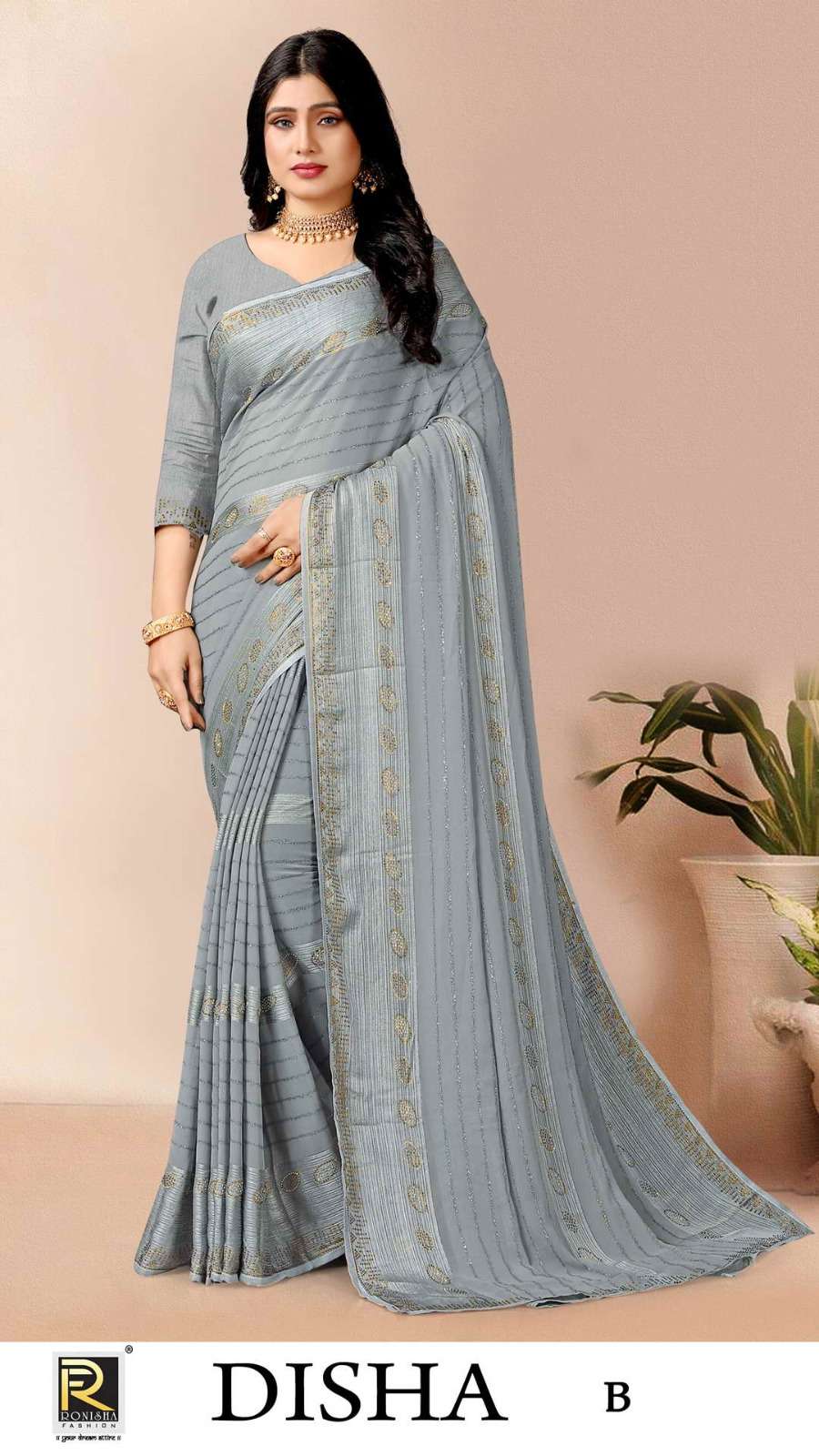 DISHA  BY RONISHA SAREES  FANCY FABRICS SELF PATTERN  AND SIROSKI STONE WORK   DESIGNER SAREES COLLECTION WHOLESALE CATALOG
