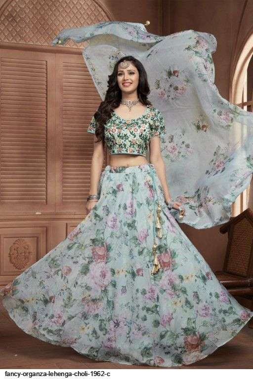 FANCY ORGANZA SKY BLUE LEHENGA CHOLI 1962 C Wholesale catalog