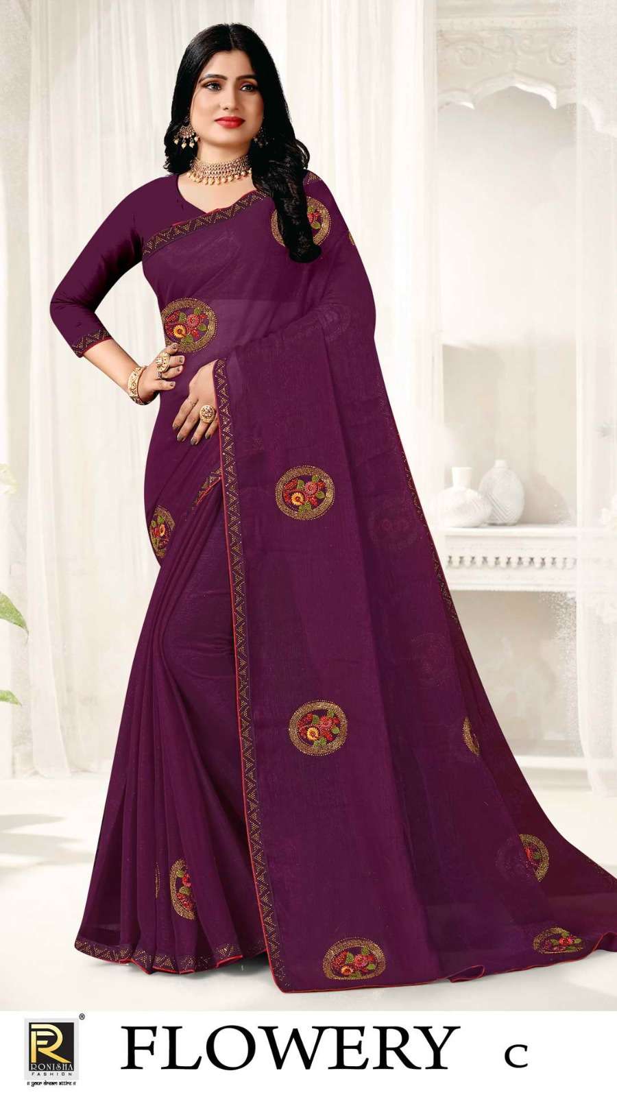 RONISHA FLOWERY FANCY WORKED DESIGNER SAREE  WHOLESALE CATALOG