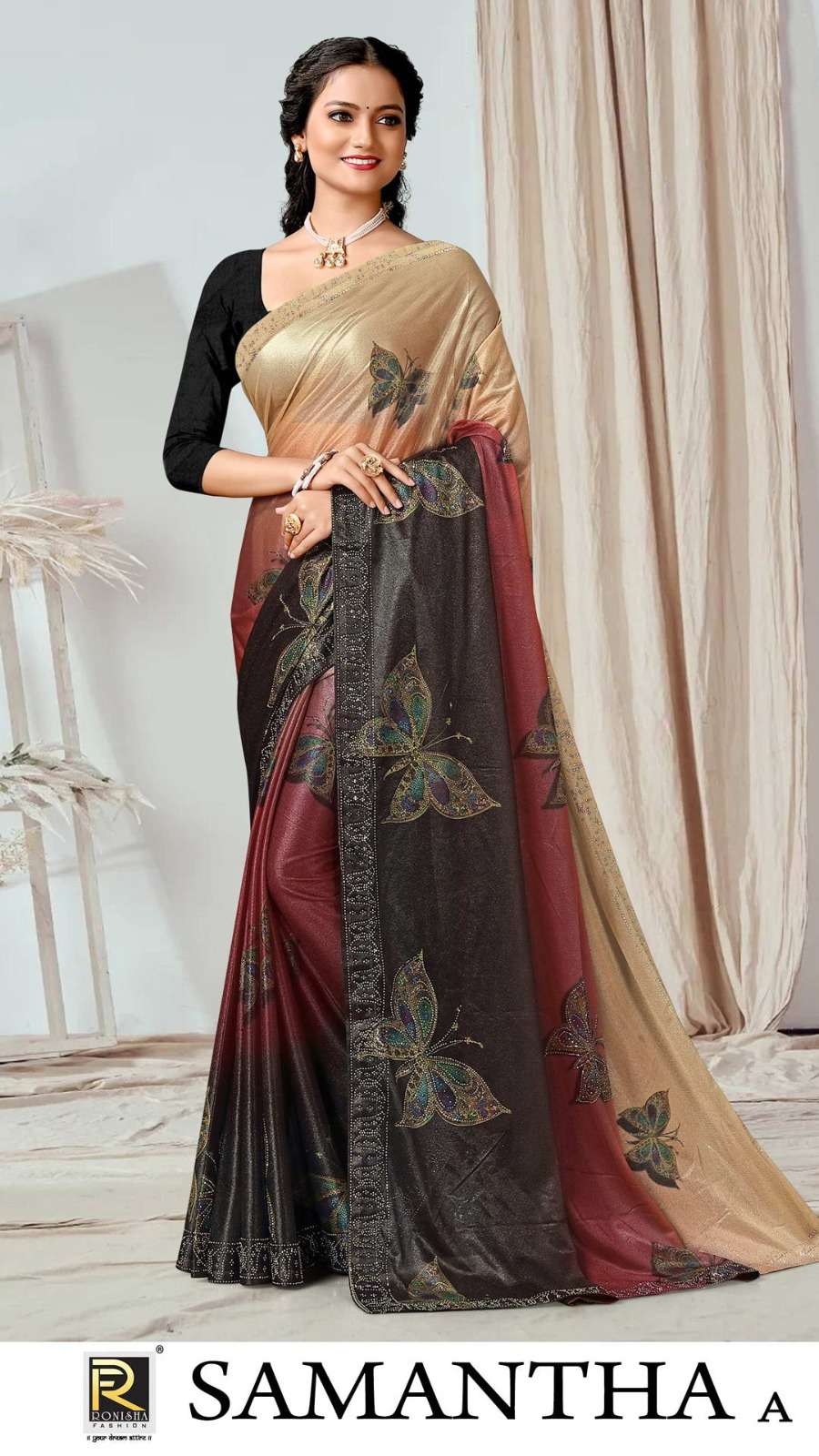 SAMANTHA BY RONISHA SAREE FABRICS IMPORTED LYCRA PRINT WITH SIROSKI WORK FANCY DESIGNER SAREE