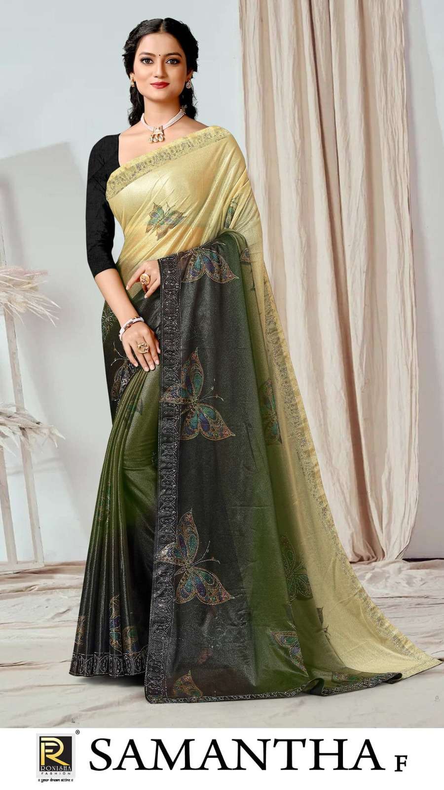 SAMANTHA BY RONISHA SAREE FABRICS IMPORTED LYCRA PRINT WITH SIROSKI WORK FANCY DESIGNER SAREE