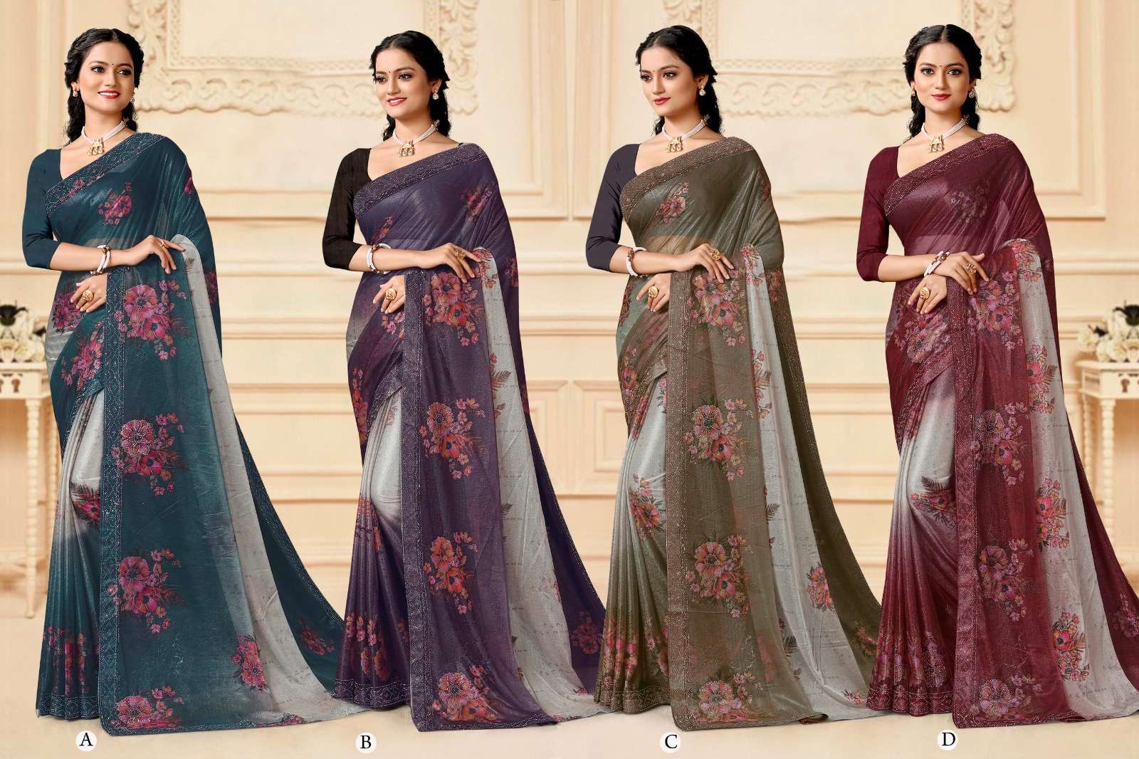SANGINI  BY RONISHA SAREE FABRICS IMPORTED LYCRA PRINT WITH SIROSKI DIAMOND WORK WORK FANCY DESIGNER SAREE
