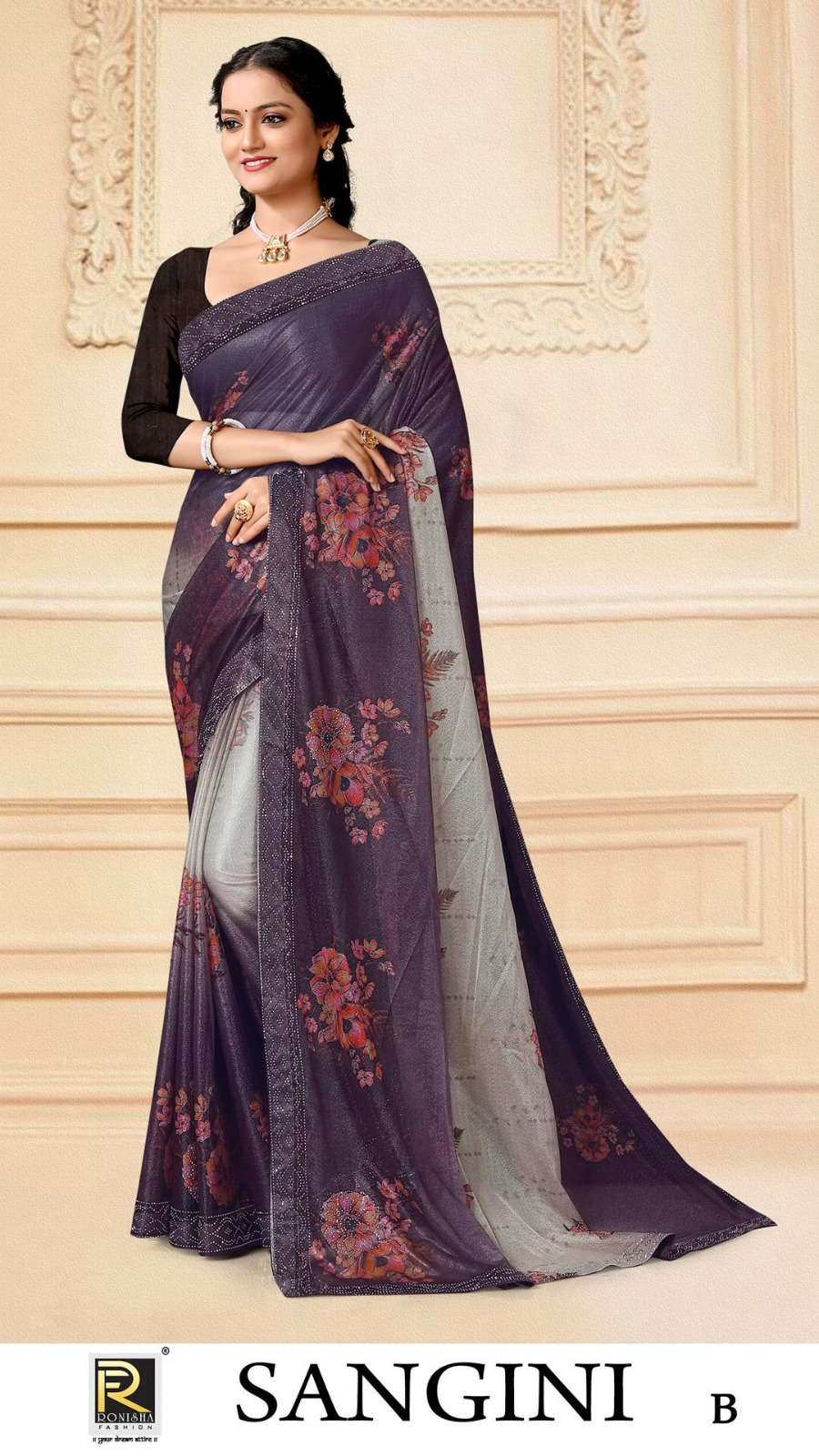 SANGINI  BY RONISHA SAREE FABRICS IMPORTED LYCRA PRINT WITH SIROSKI DIAMOND WORK WORK FANCY DESIGNER SAREE