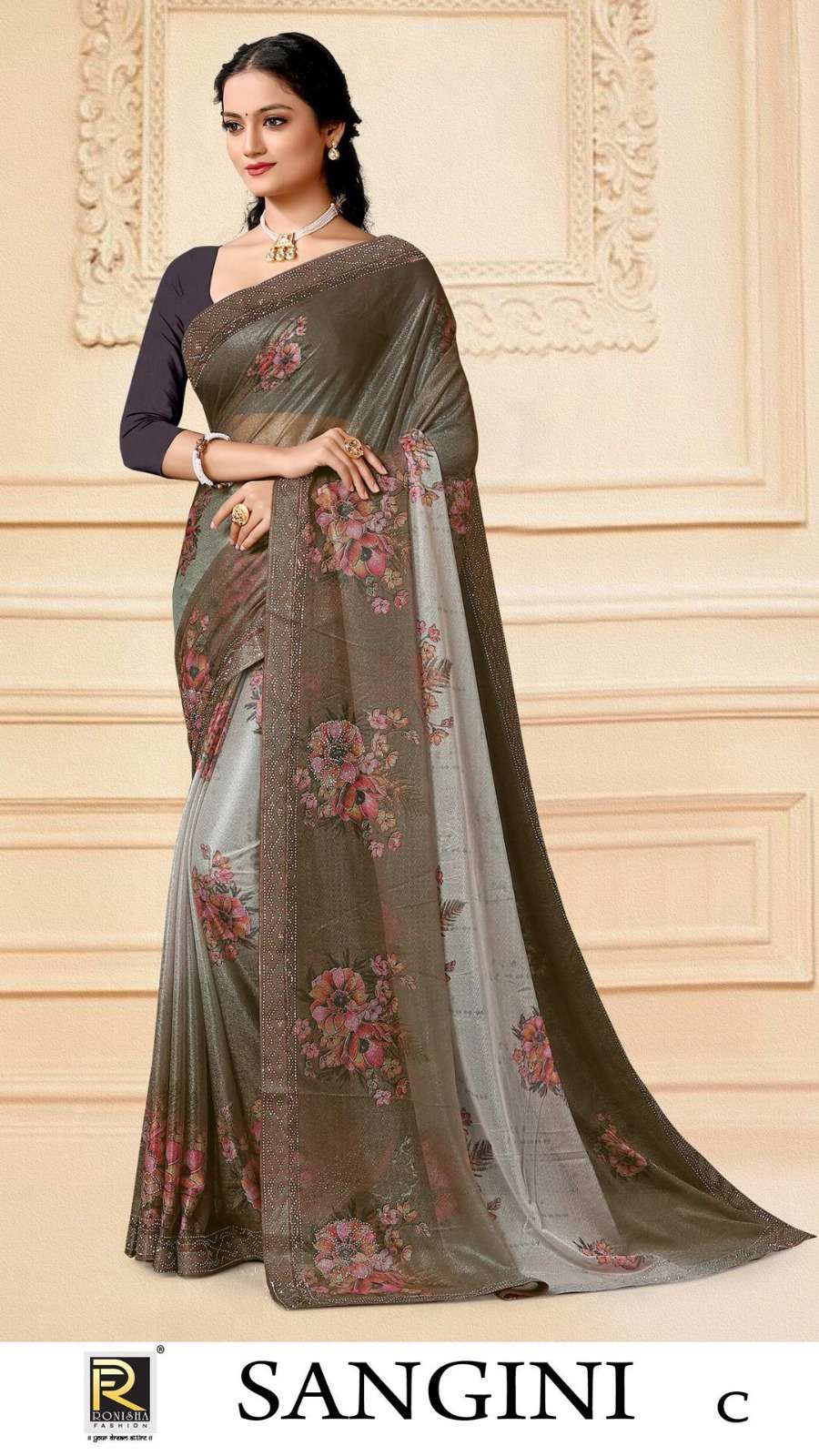 SANGINI  BY RONISHA SAREE FABRICS IMPORTED LYCRA PRINT WITH SIROSKI DIAMOND WORK WORK FANCY DESIGNER SAREE