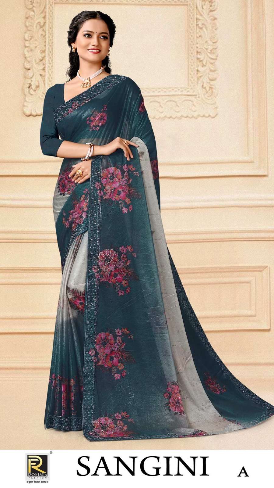 SANGINI  BY RONISHA SAREE FABRICS IMPORTED LYCRA PRINT WITH SIROSKI DIAMOND WORK WORK FANCY DESIGNER SAREE