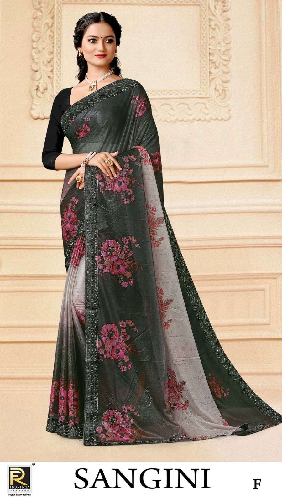 SANGINI  BY RONISHA SAREE FABRICS IMPORTED LYCRA PRINT WITH SIROSKI DIAMOND WORK WORK FANCY DESIGNER SAREE