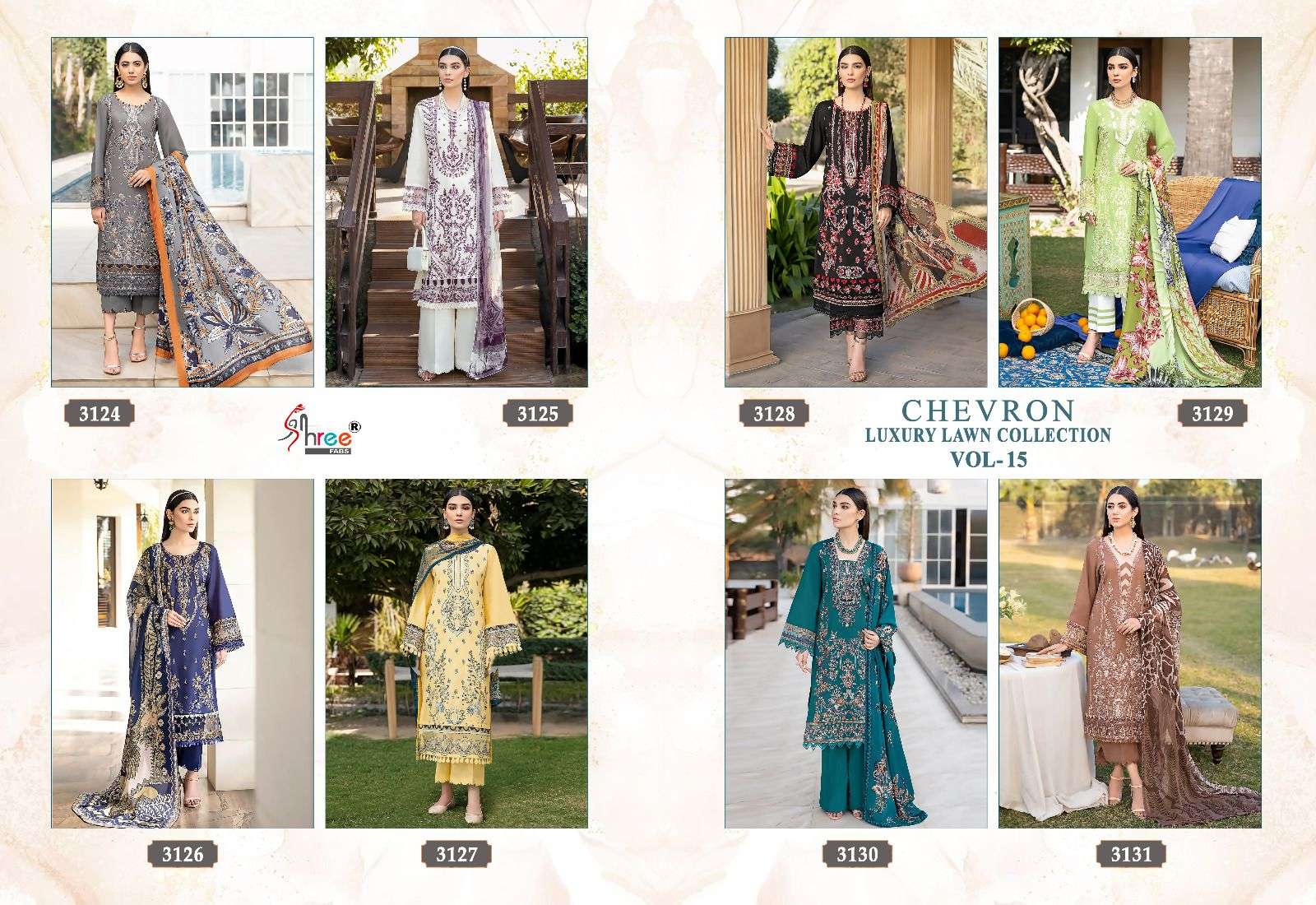 Shree Chevron Luxury Lawn Collection Vol 15 Chiffon Dupatta Pakistani Suit Wholesale catalog