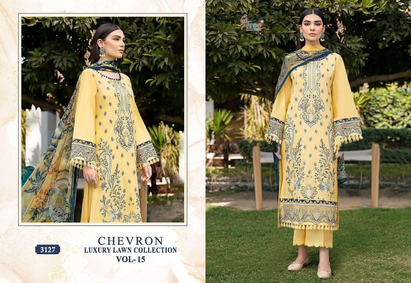Shree Chevron Luxury Lawn Collection Vol 15 Chiffon Dupatta Pakistani Suit Wholesale catalog