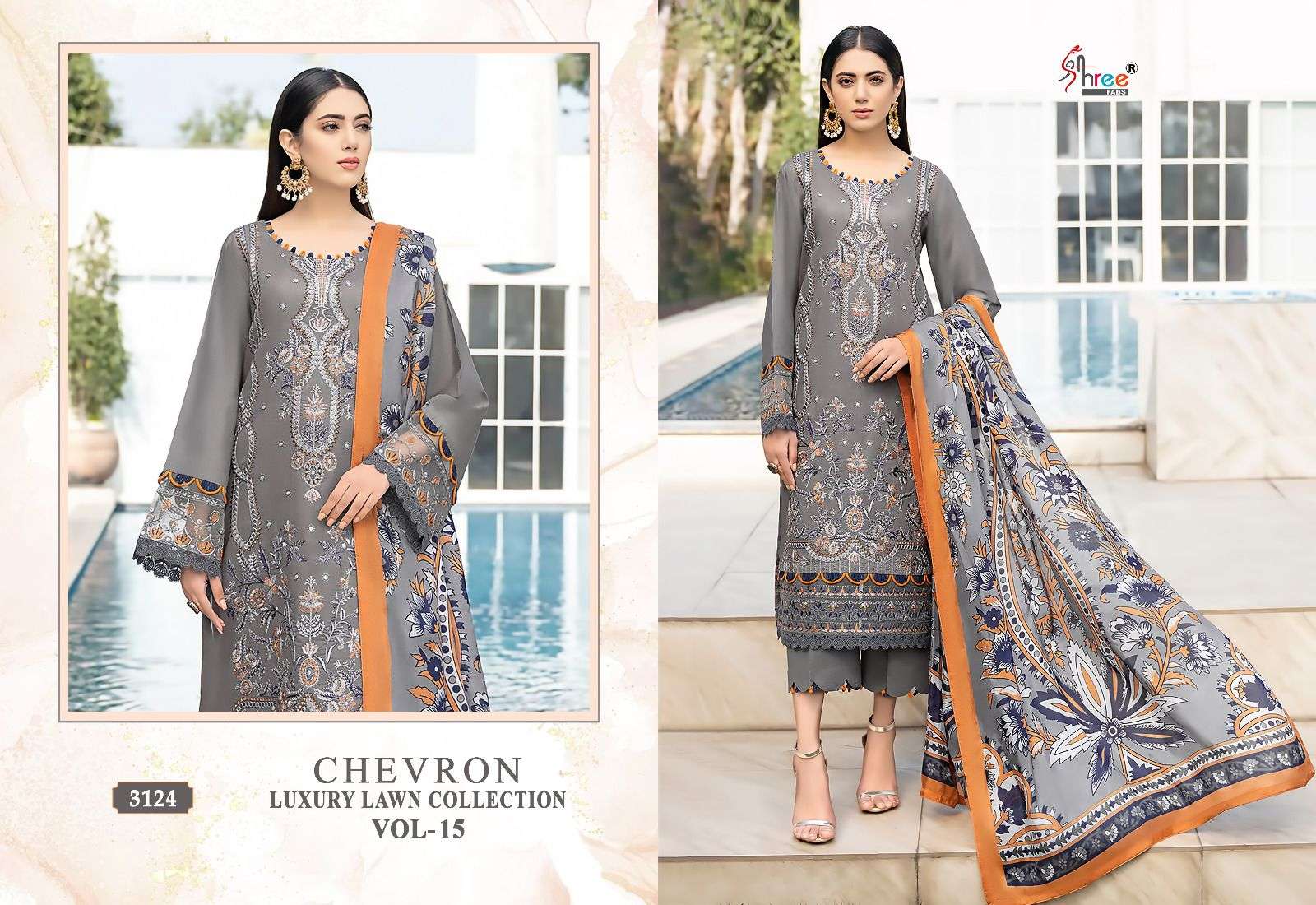 Shree Chevron Luxury Lawn Collection Vol 15 Chiffon Dupatta Pakistani Suit Wholesale catalog