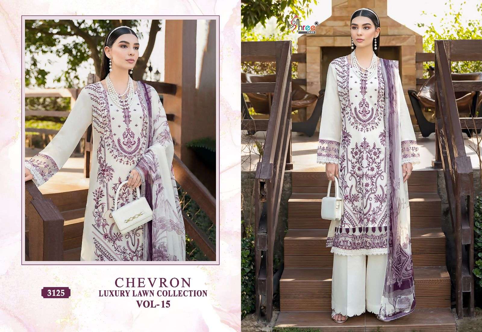 Shree Chevron Luxury Lawn Collection Vol 15 Chiffon Dupatta Pakistani Suit Wholesale catalog