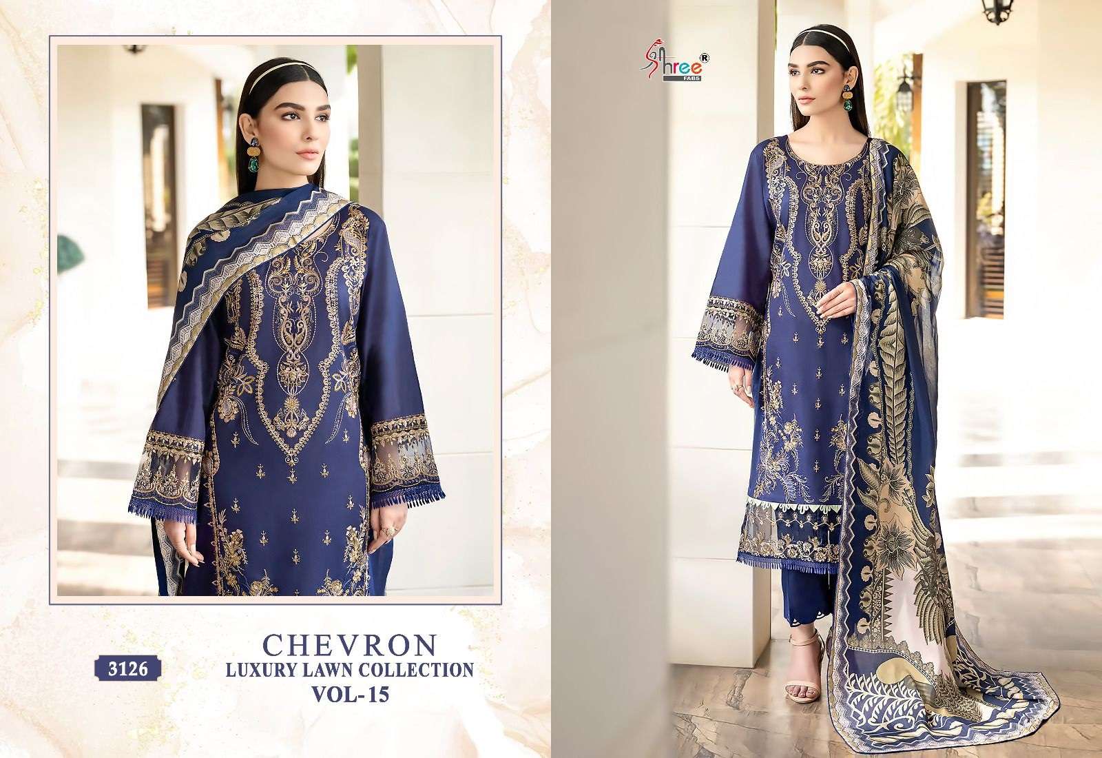 Shree Chevron Luxury Lawn Collection Vol 15 Chiffon Dupatta Pakistani Suit Wholesale catalog