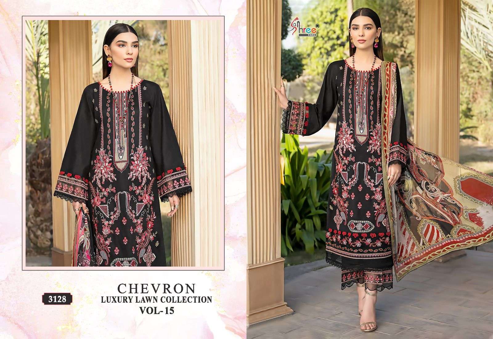 Shree Chevron Luxury Lawn Collection Vol 15 Chiffon Dupatta Pakistani Suit Wholesale catalog