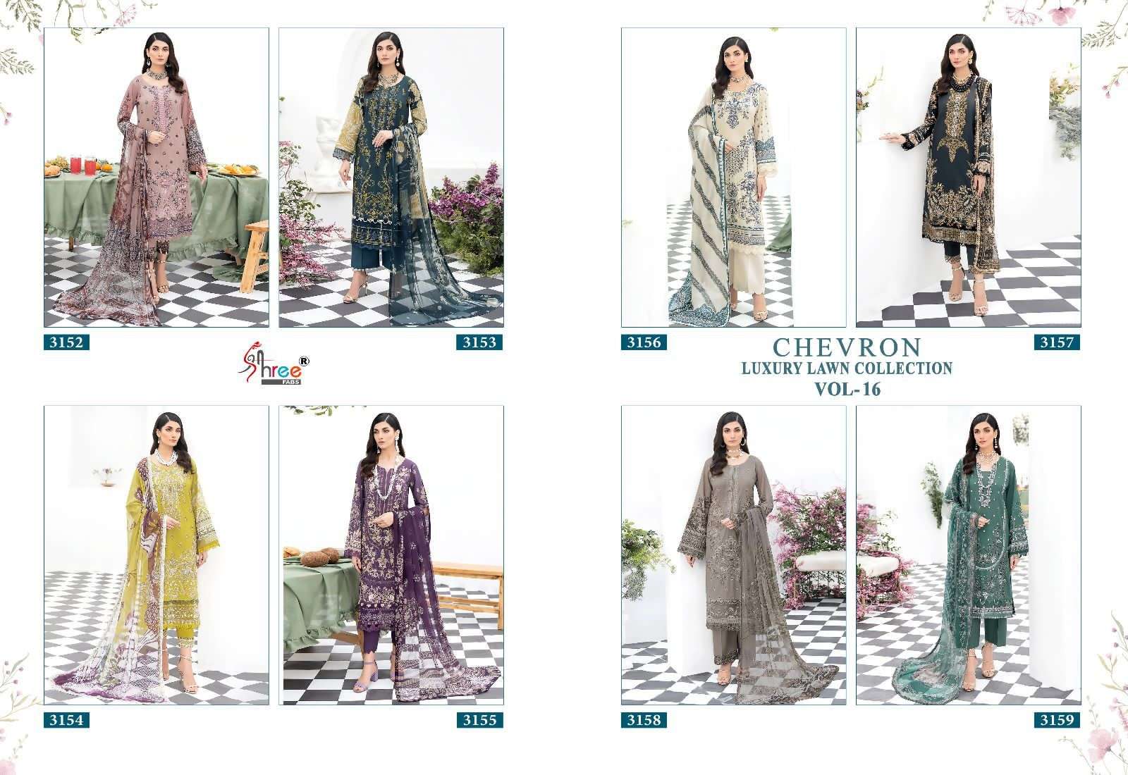 Shree Chevron Luxury Lawn Collection Vol 16 Chiffon Dupatta Pakistani Suit Wholesale catalog
