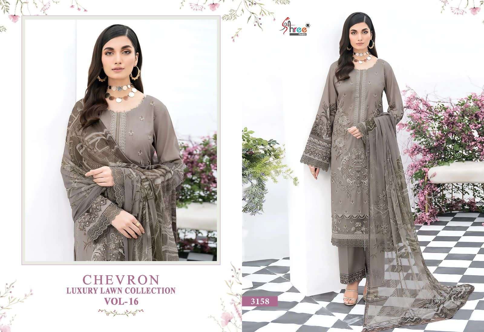 Shree Chevron Luxury Lawn Collection Vol 16 Chiffon Dupatta Pakistani Suit Wholesale catalog