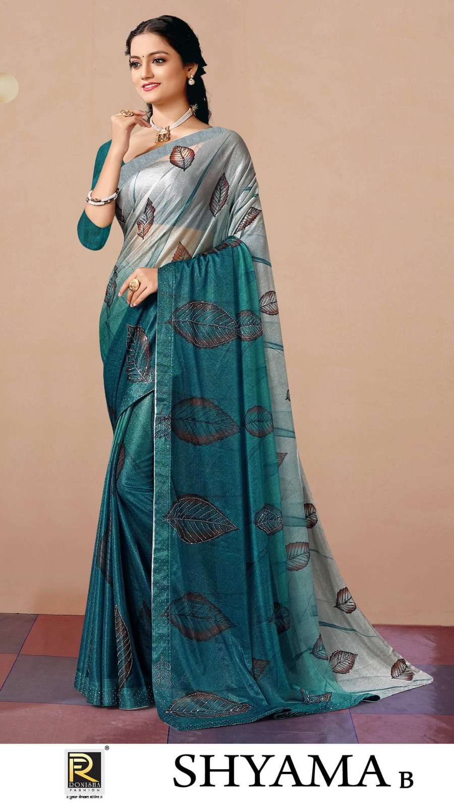 SHYAMA BY RONISHA SAREE FABRICS IMPORTED LYCRA PRINT WITH SIROSKI DIAMOND WORK FANCY DESIGNER SAREE