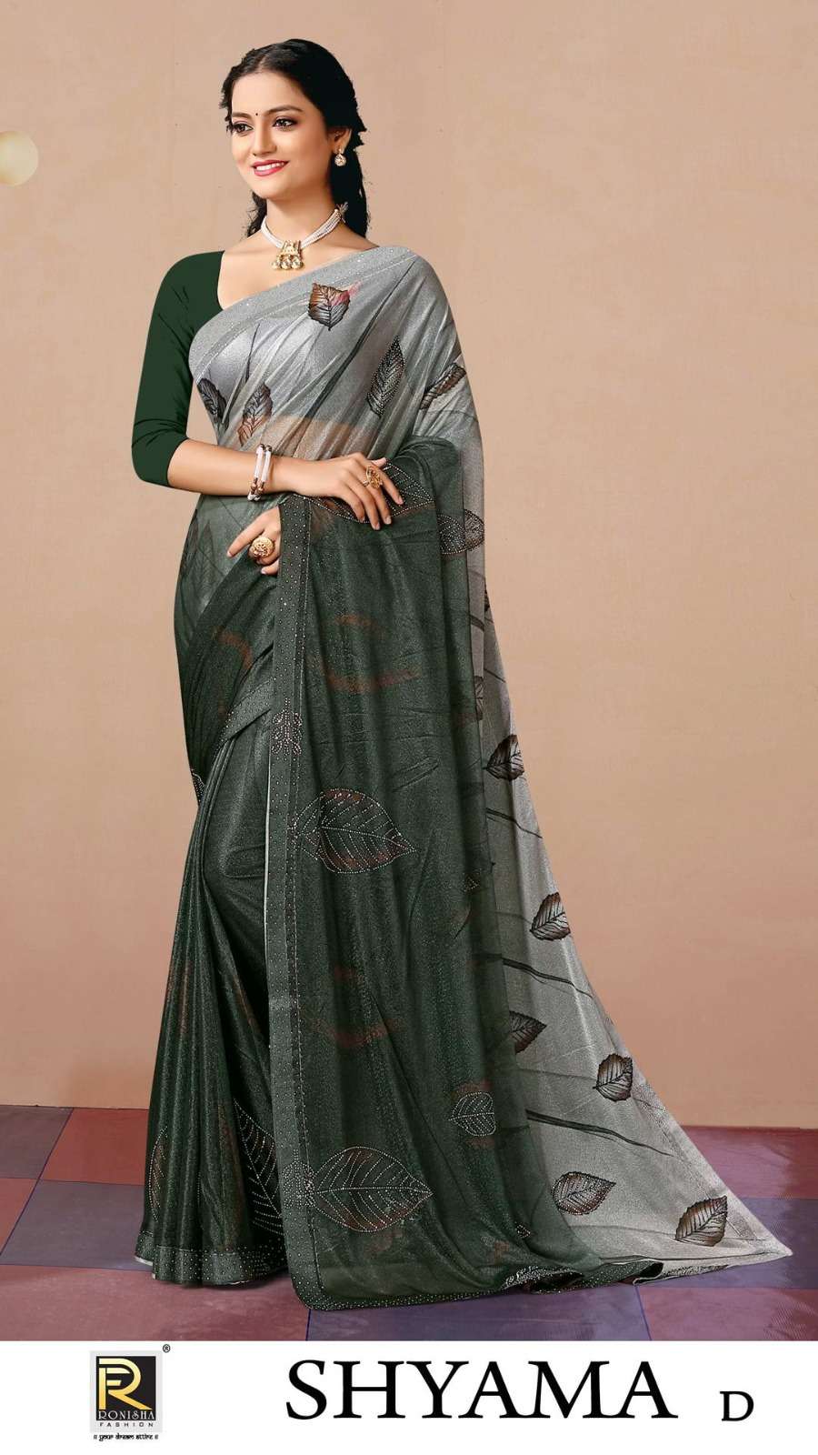 SHYAMA BY RONISHA SAREE FABRICS IMPORTED LYCRA PRINT WITH SIROSKI DIAMOND WORK FANCY DESIGNER SAREE
